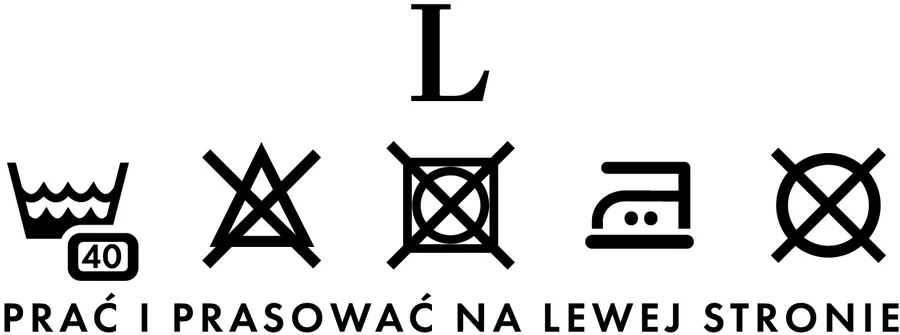 Metka rozmiaru L: symbole prania i napis „prać i prasować na lewej stronie"