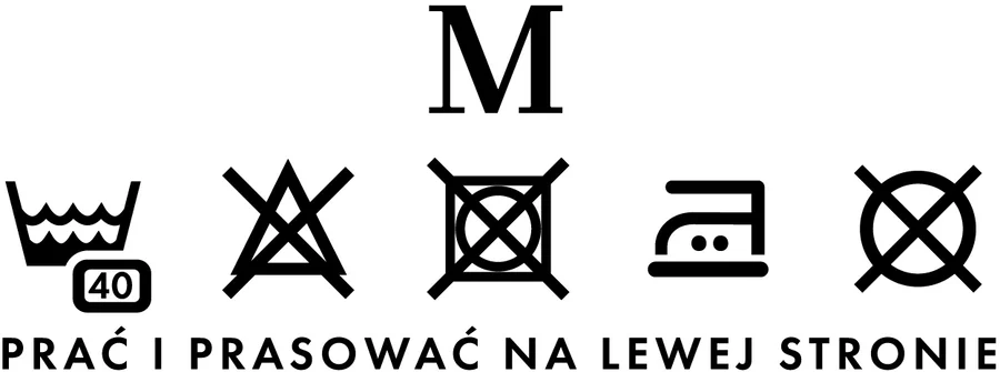 Metka rozmiaru M: symbole prania i napis „prać i prasować na lewej stronie"