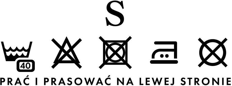 Metka rozmiaru S: symbole prania i napis „prać i prasować na lewej stronie"