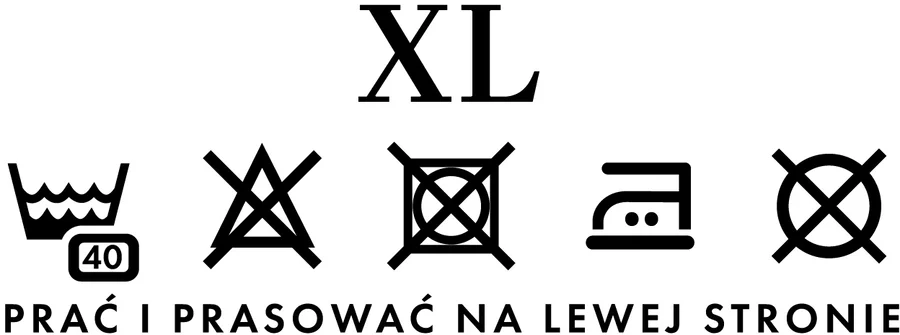Metka rozmiaru XL: symbole prania i napis „prać i prasować na lewej stronie"