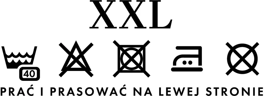 Metka rozmiaru XXL: symbole prania i napis „prać i prasować na lewej stronie"